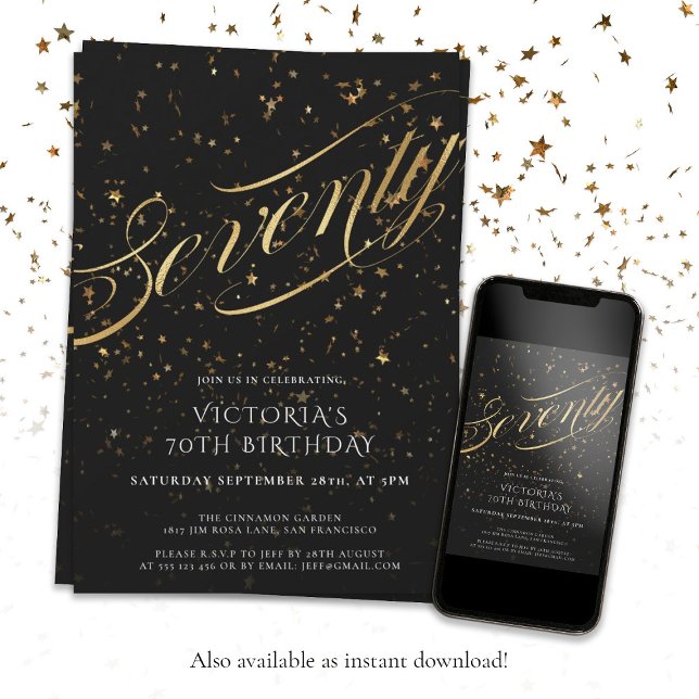 Invitation Black Gold Elegant Soixante-dix 70e anniversaire (70th Birthday Glamorous Confetti Black Gold Custom Invitation. Also available as Instant download!)