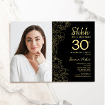 Invitation Black Gold Elegant Surprise Photo 30e anniversaire<br><div class="desc">Floral noir et or surprise 30ème anniversaire invitation fête avec votre photo sur le devant de la carte. Design moderne élégant avec accents de dessin botanique et police de script de typographie. Carte invitation simple et tendance, parfaite pour une célébration anniversaire élégante. Peut être customisé à n'importe quel âge. Invitations...</div>