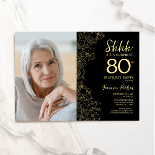 Invitation Black Gold Elegant Surprise Photo 80e anniversaire