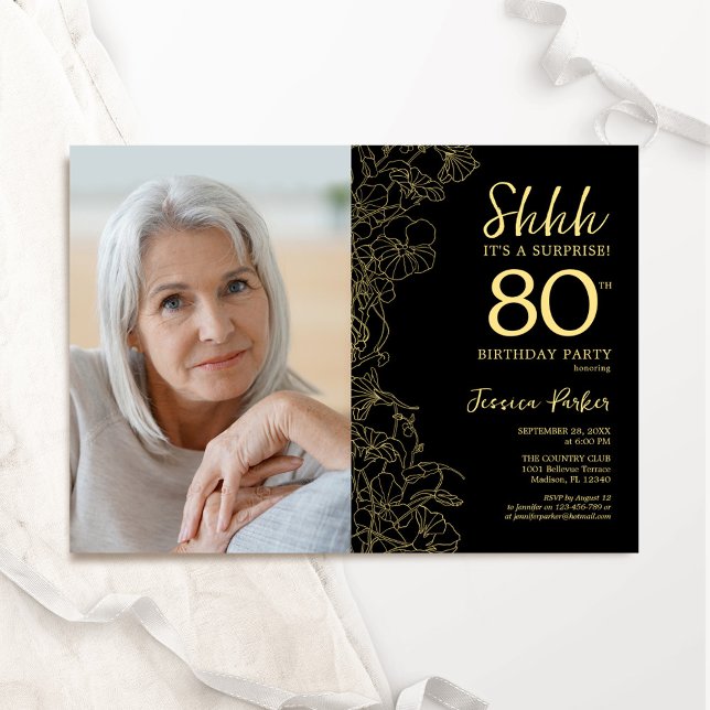 Invitation Black Gold Elegant Surprise Photo 80e anniversaire (Créateur téléchargé)