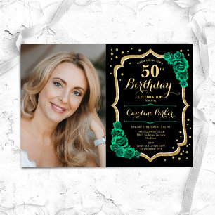 Invitation Black Gold Emerald Green Photo 50e anniversaire