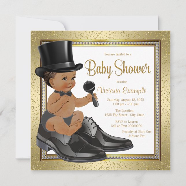 Invitation Black Gold Ethnic Little Man Baby shower (Devant)