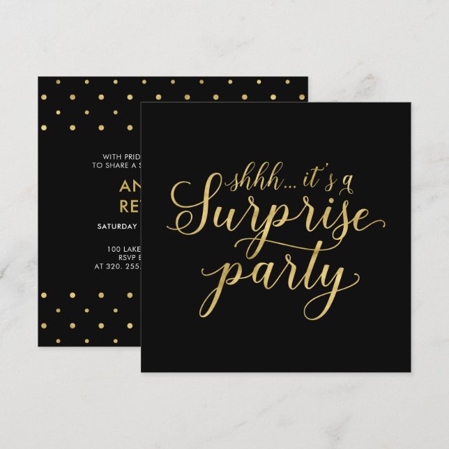 Invitation Black & Gold | Fête de retraite moderne surprise (Devant / Derrière)