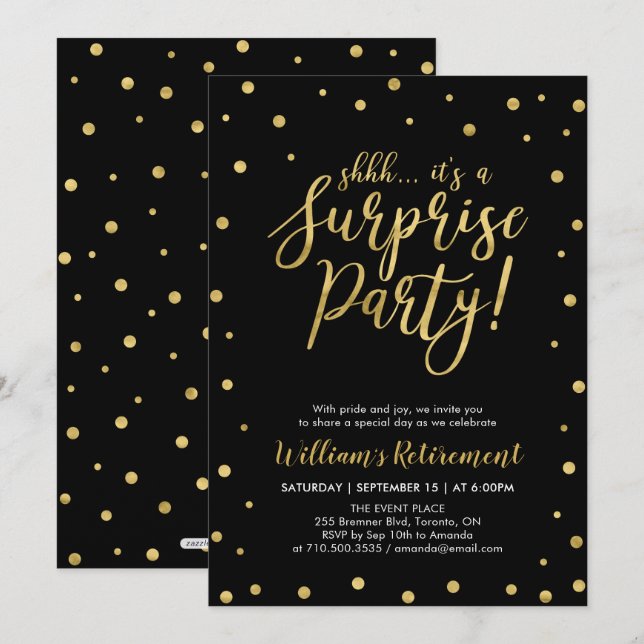 Invitation Black & Gold | Fête de retraite moderne surprise (Devant / Derrière)
