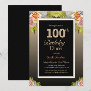 Invitation Black Gold Floral 100e Dîner d'anniversaire
