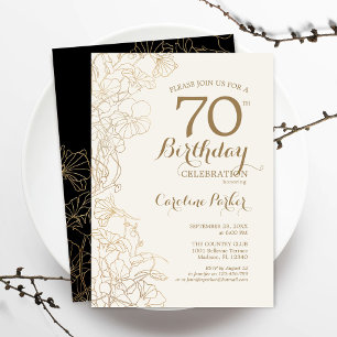 Invitation Black Gold Floral 70e fête d'anniversaire