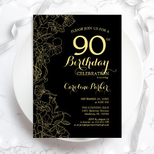 Invitation Black Gold Floral 90e fête d'anniversaire