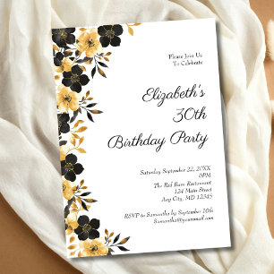Invitation Black Gold Floral Aquarelle 30e fête d'anniversair
