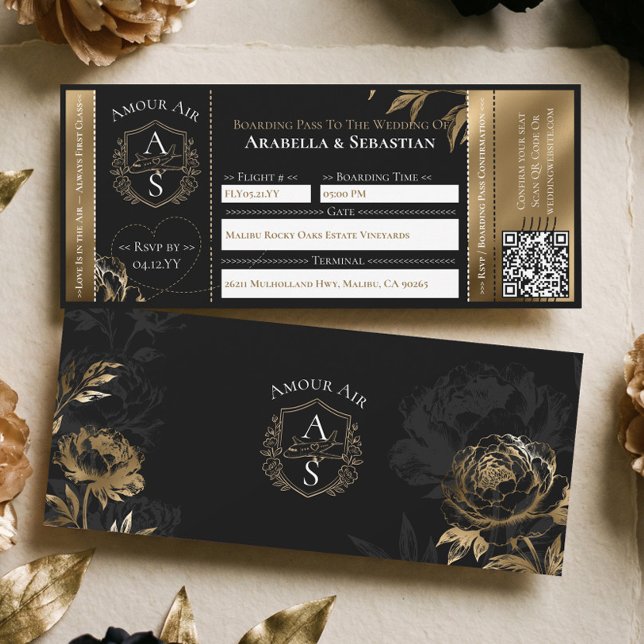 Invitation Black Gold Floral Boarding Plane Ticket Wedding (Black Gold Floral Boarding Plane Ticket Wedding Invitation)
