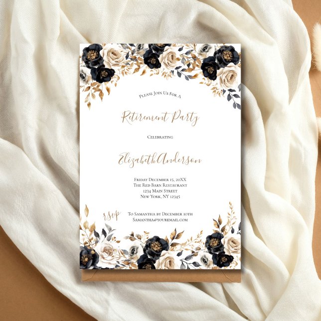 Invitation Black Gold Floral Élégant Parti de retraite (Black Gold Watercolor Floral Elegant Retirement Party Invitation for her)