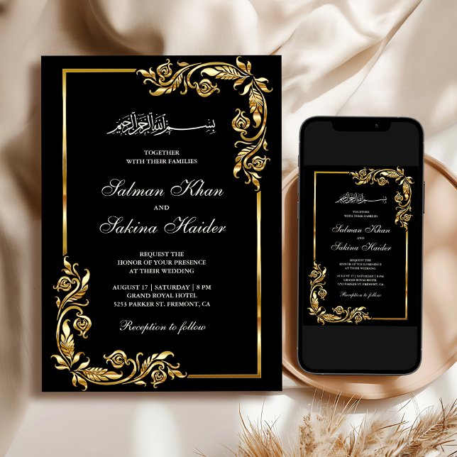 Invitation Black Gold Floral Frontière Mariage islamique (Créateur téléchargé)