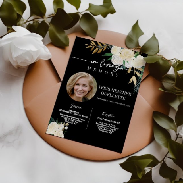Invitation Black Gold Floral Funeral Service de commémoration (Créateur téléchargé)