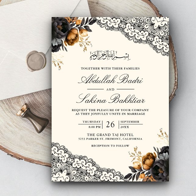 Invitation Black Gold Floral Lace Cream Mariage musulman (Créateur téléchargé)