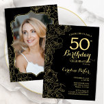 Invitation Black Gold Floral Photo 50th Birthday Party<br><div class="desc">Invitation à la fête du 50e anniversaire en or noir avec votre photo au verso de la carte. Design moderne minimaliste avec accents de dessin botanique, fausse feuille d'or et police de script de typographie. Carte invitation simple et tendance, parfaite pour une célébration anniversaire élégante. Peut être customisé à n'importe...</div>