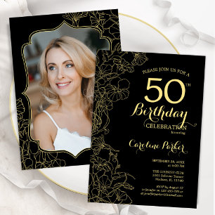 Invitation Black Gold Floral Photo 50th Birthday Party