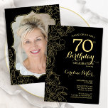 Invitation Black Gold Floral Photo 70th Birthday Party<br><div class="desc">Invitation à la fête du 70e anniversaire en or noir avec votre photo au verso de la carte. Design moderne minimaliste avec accents de dessin botanique, fausse feuille d'or et police de script de typographie. Carte invitation simple et tendance, parfaite pour une célébration anniversaire élégante. Peut être customisé à n'importe...</div>