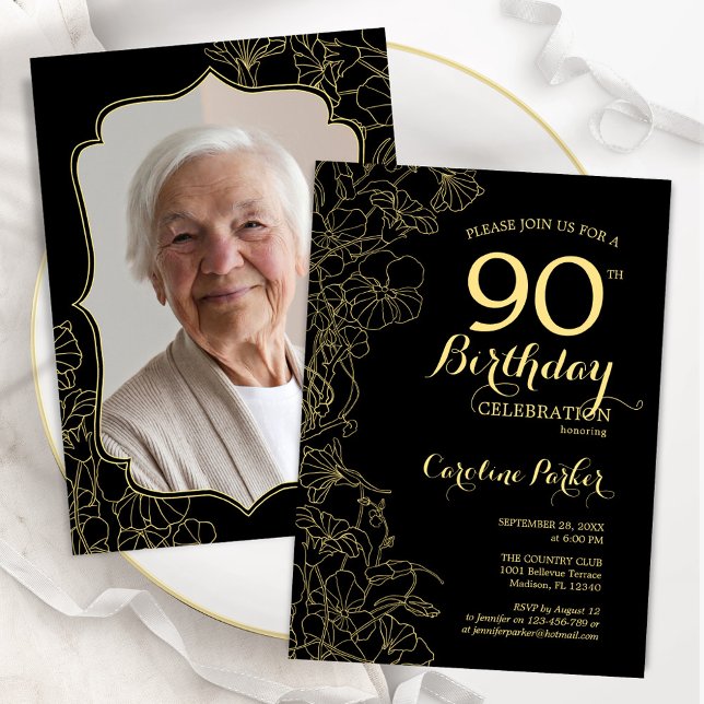Invitation Black Gold Floral Photo 90th Birthday Party (Créateur téléchargé)