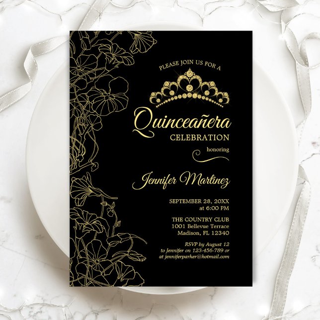 Invitation Black Gold Floral Quinceanera Party (Créateur téléchargé)
