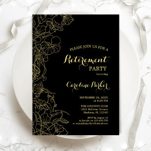 Invitation Black Gold Floral Retraite Party