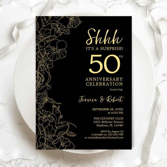 Invitation Black Gold Floral Surprise 50e anniversaire (Créateur téléchargé)