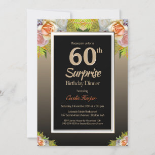 Invitation Black Gold Floral Surprise 60e Anniversaire Dîner