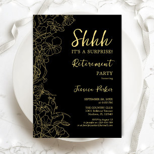 Invitation Black Gold Floral Surprise Retraite Party