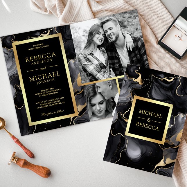 Invitation Black Gold Fluid Enk QR Code Photo Collage Mariage (Créateur téléchargé)