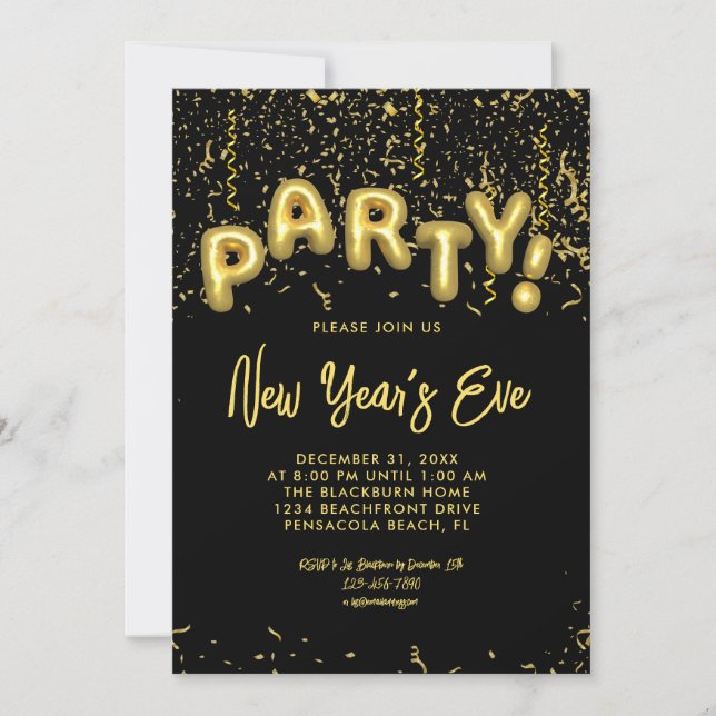 Invitation Black & Gold Foil Balloons New Year's Eve Party (Devant)