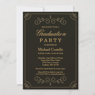 Invitation Black Gold Frame Frontières Graduation Party