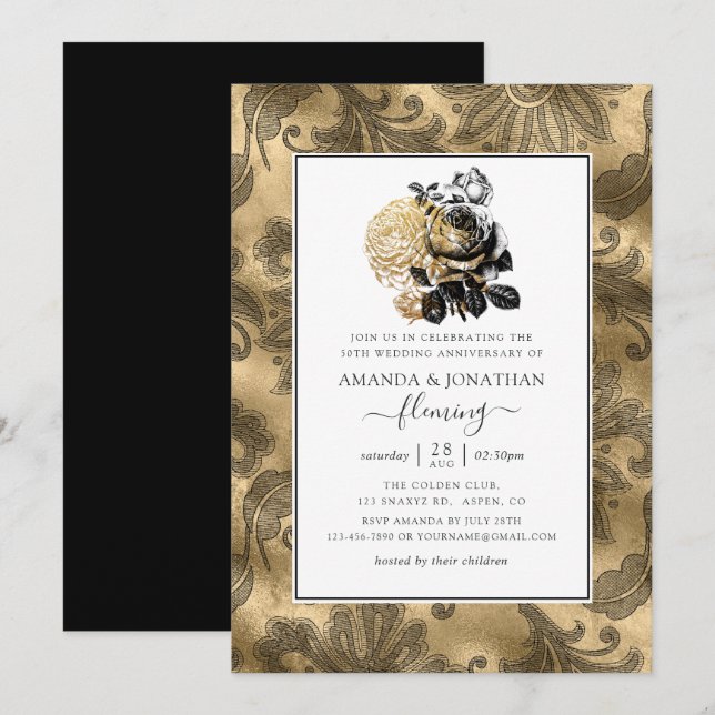 Invitation Black & Gold Glam 50e Anniversaire du Mariage d'or (Devant / Derrière)
