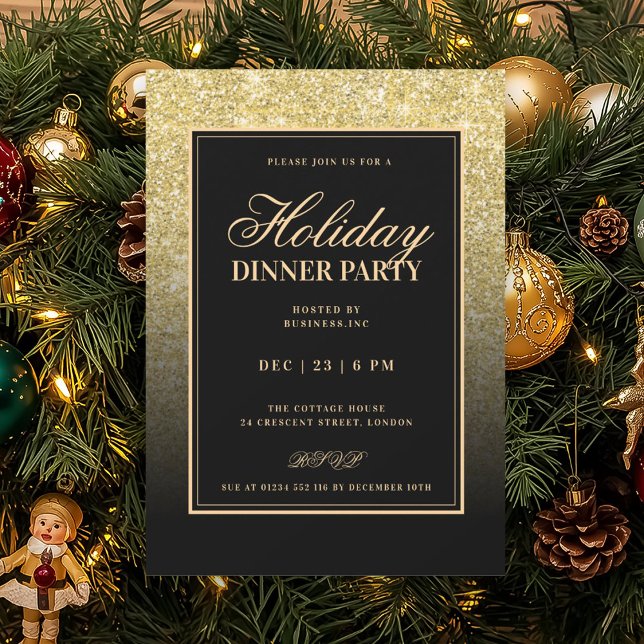 Invitation Black & Gold Glam FAUX Glitter Holiday Dinner  (Black & Gold Glam FAUX Glitter Holiday Dinner Invitation)