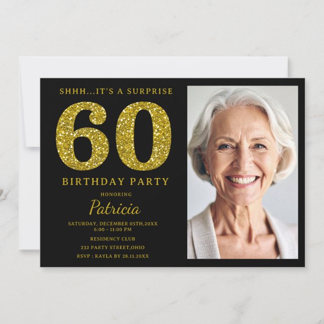 Invitation Black Gold Glitter 60e Anniversaire Photo  (Devant)
