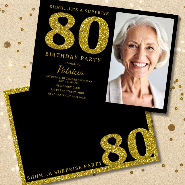 Invitation Black Gold Glitter 80e Anniversaire Photo  (Créateur téléchargé)