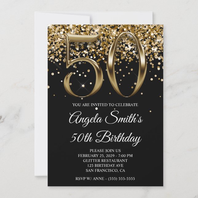 Invitation Black Gold Glitter Metallic Look 50th Birthday (Devant)