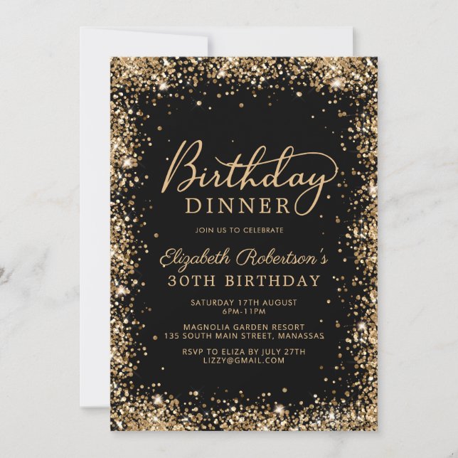 Invitation Black Gold Glitter Script 30th Birthday Dinner (Devant)