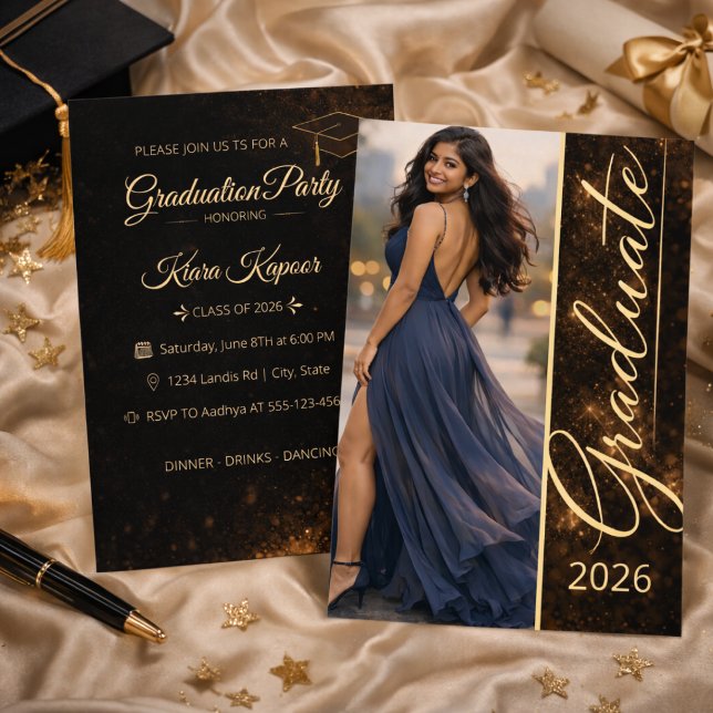 Invitation Black Gold Grad Glow (Celebrate your graduate with a black and gold glow design and photo front layout)