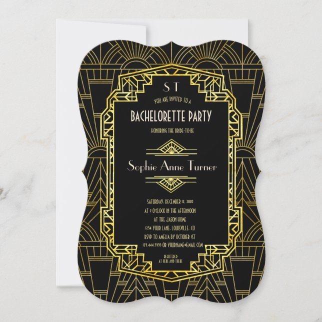 Invitation Black & Gold Great Gatsby Bachelorette (Devant)