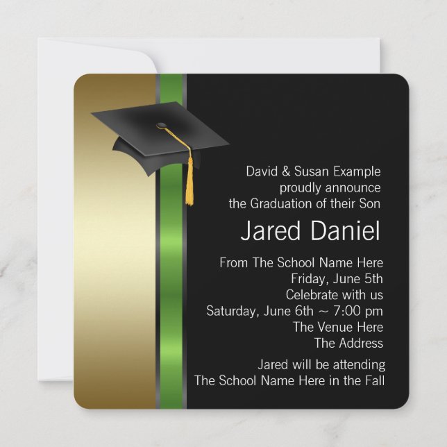 Invitation Black Gold Green Photo Annonce de graduation (Dos)