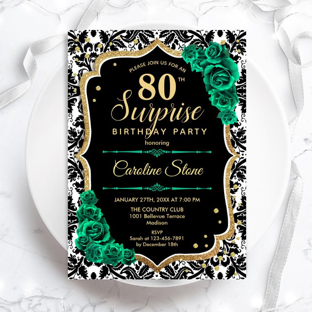 Invitation Black Gold Green Roses Surprise 80e anniversaire (Créateur téléchargé)