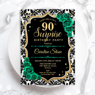 Invitation Black Gold Green Roses Surprise 90e anniversaire