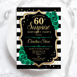 Invitation Black Gold Green Surprise 60e anniversaire<br><div class="desc">Invitation de fête du 60e anniversaire surprise. Design noir féminin, blanc et vert émeraude avec fausse parties scintillant or. Comprend des rayures en noir et blanc, des roses, des caractères de script et des confettis. Parfait pour une célébration anniversaire féminine élégante. Peut être personnalisé pour montrer n'importe quel âge. Invitations...</div>