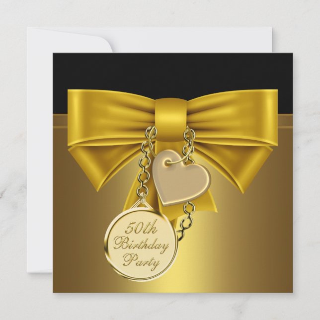 Invitation Black Gold Heart Bow femmes 50e fête d'anniversair (Devant)