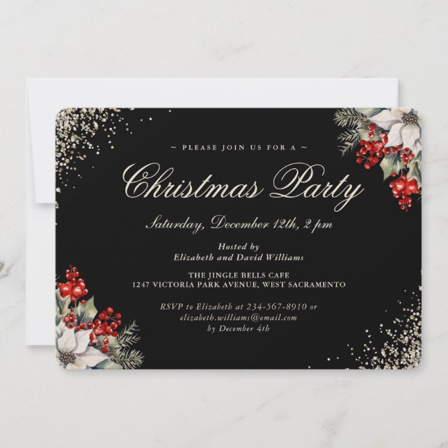 Invitation Black Gold Holly Berries Christmas Holiday Party (Devant)
