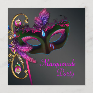 Invitation Black Gold Hot rose Masquerade Party