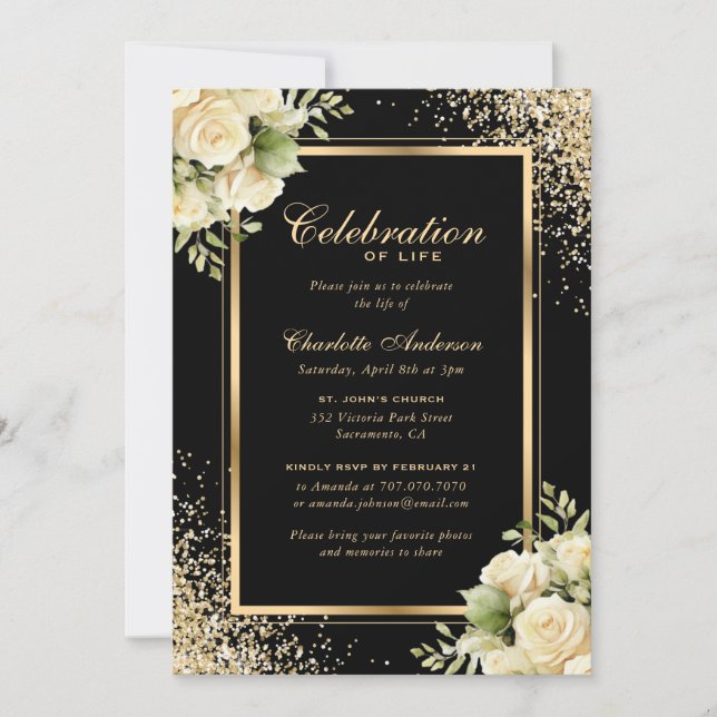 Invitation Black Gold Ivory Floral Photo Célébration de la vi (Devant)