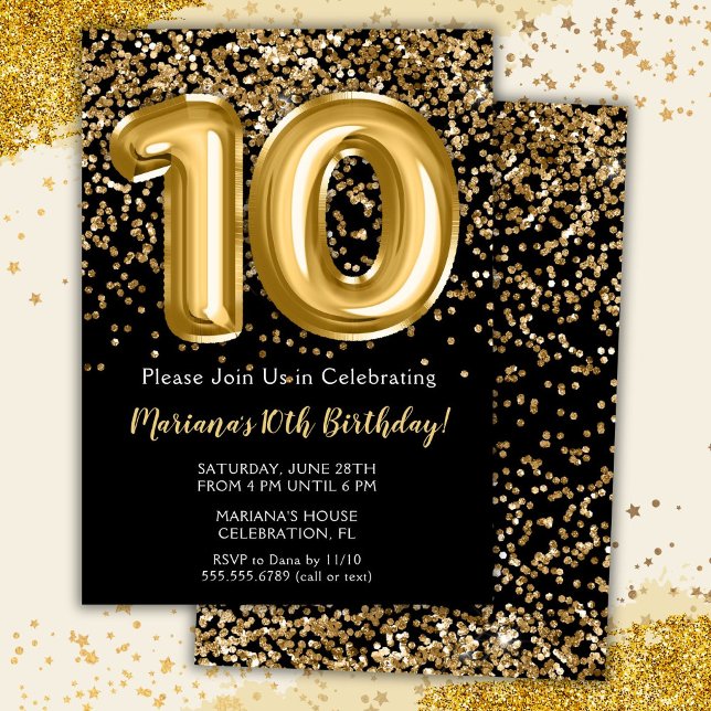 Invitation Black Gold Kids Girl 10th Birthday Part (Créateur téléchargé)