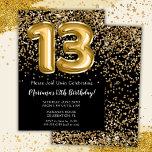 Invitation Black Gold Kids Girl 13e fête d'anniversaire<br><div class="desc">Elégante invitation de fête de 13ème anniversaire en noir et or pour une fille de 13 ans avec écriture de script élégante et ballons amusants en feuille de papier.</div>