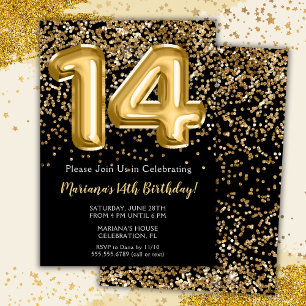 Invitation Black Gold Kids Girl 14th Birthday Part