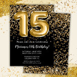 Invitation Black Gold Kids Girl 15e fête d'anniversaire<br><div class="desc">Elégante invitation de fête de 15ème anniversaire en noir et or pour une fille de 15 ans avec écriture de script élégante et ballons amusants en feuille de papier.</div>