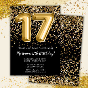 Invitation Black Gold Kids Girl 17e fête d'anniversaire